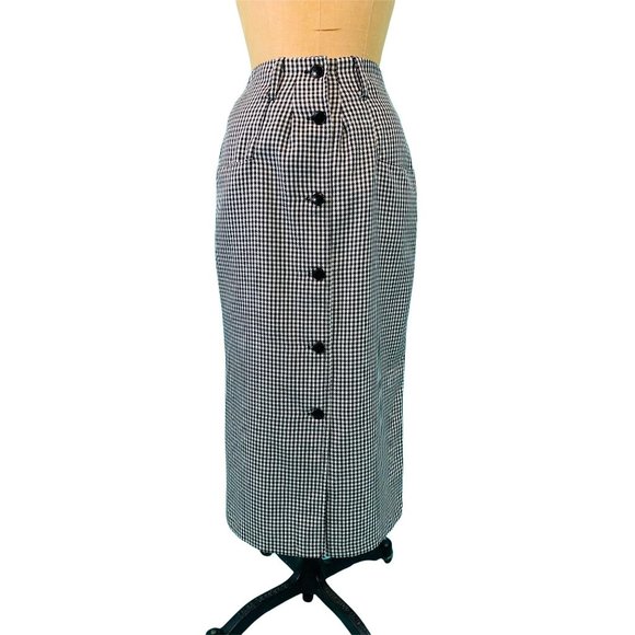 Vintage 1960s Long Mod Skirt Checkered Black White Button Down | W 25" - Picture 2 of 9